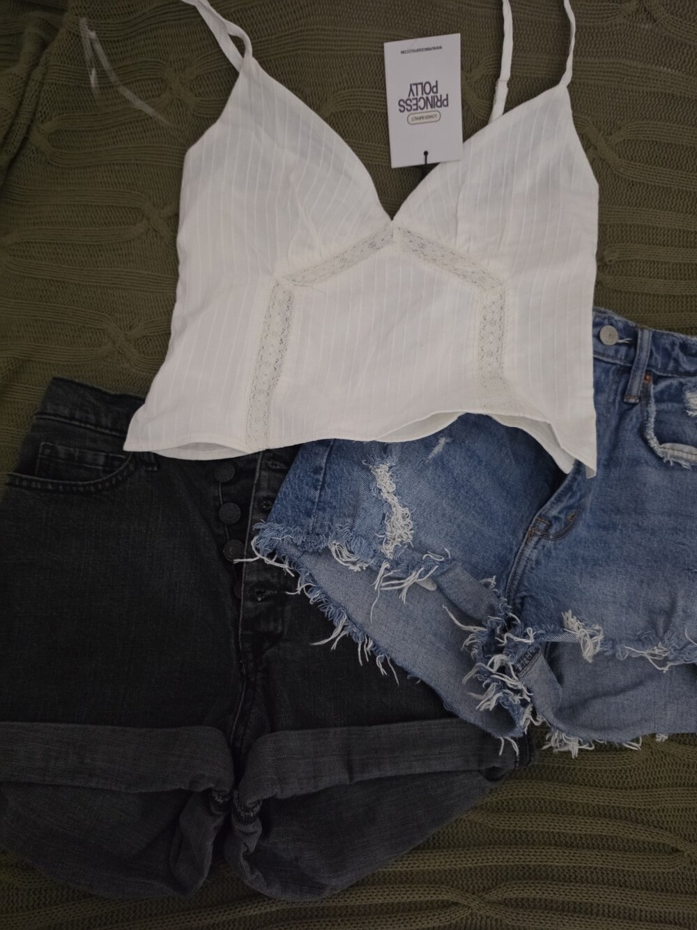 Bundle Denim Shorts (2) and White Lace-Trim V-Neck Cami